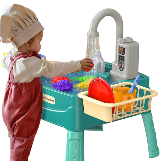 Lekevask med Rinnende Vann – Elektrisk Kran & Oppvasksett | Vannbord & Kjøkkenleke for Småbarn